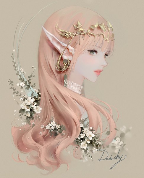 Anime picture 1000x1233 with original dadachyo single long hair tall image blush signed pink hair parted lips profile pointy ears grey eyes portrait elf brown background girl jewelry