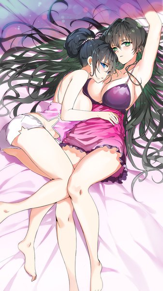 Anime picture 1000x1779 with original tameiki long hair tall image blush fringe short hair breasts blue eyes light erotic hair between eyes large breasts multiple girls green eyes cleavage lying arm up from above armpit (armpits) on back