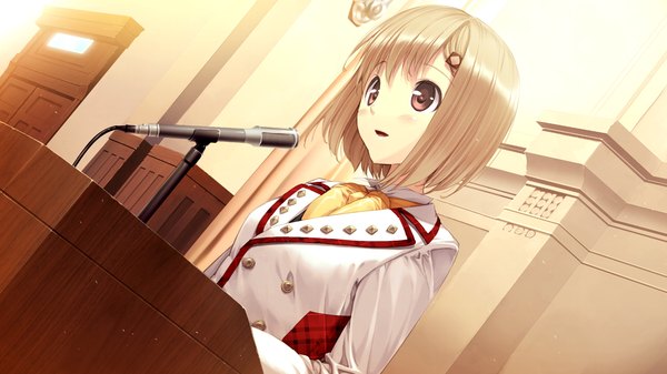 Anime picture 1280x720 with nanatsu no fushigi no owaru toki toochika misaki ueda ryou blush short hair brown hair wide image brown eyes game cg girl uniform school uniform microphone