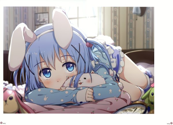 Anime-Bild 4834x3500 mit gochuumon wa usagi desu ka? white fox milky been! (ogipote) - 2015 charakcolle (artbook) kafuu chino tippy (gochiusa) ogipote single long hair looking at viewer blush fringe highres blue eyes animal ears blue hair absurdres indoors lying scan two side up