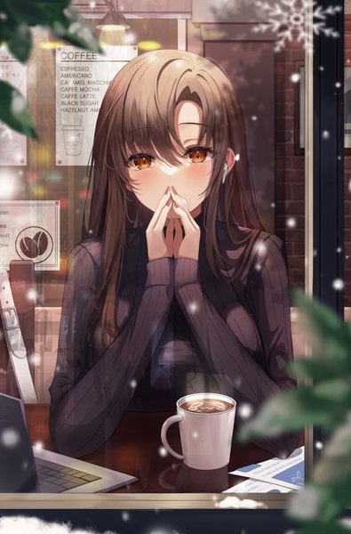 Anime picture 4000x6069 with original gongha single long hair tall image looking at viewer blush fringe highres breasts hair between eyes brown hair large breasts brown eyes absurdres long sleeves nail polish fingernails blurry snowing