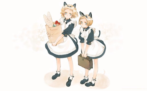 Anime picture 1920x1200 with littlewitch oyari ashito highres short hair blue eyes blonde hair wide image standing multiple girls animal ears full body tail animal tail from above cat ears maid cat girl cat tail wallpaper girl
