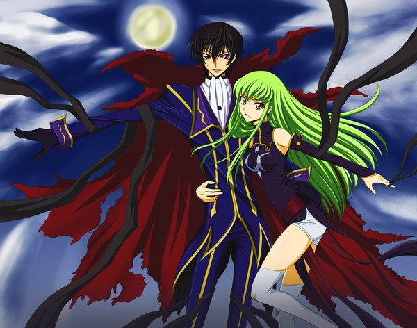 Anime picture 1201x945 with code geass sunrise (studio) c.c. lelouch lamperouge ccllsaikou long hair fringe short hair black hair hair between eyes purple eyes yellow eyes green hair couple hug torn clothes girl boy gloves detached sleeves