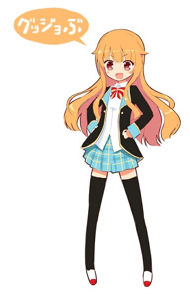 Anime picture 697x1078 with gj-bu doga kobo amatsuka mao messy (efuya) single long hair tall image blush fringe open mouth simple background blonde hair red eyes white background looking away :d hands on hips girl thighhighs uniform