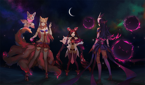 Anime picture 1105x650 with league of legends ahri (league of legends) jinx (league of legends) syndra star guardian jinx star guardian ahri star guardian syndra yueko (jiayue wu) long hair blonde hair red eyes wide image twintails multiple girls animal ears purple hair red hair tail eyes closed very long hair