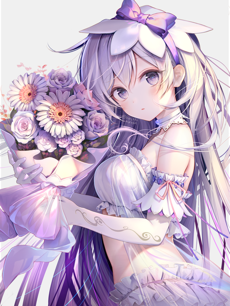 Anime picture 1054x1400 with original kouyafu single long hair tall image looking at viewer blush fringe simple background hair between eyes purple eyes silver hair upper body grey background midriff girl gloves flower (flowers) elbow gloves white gloves