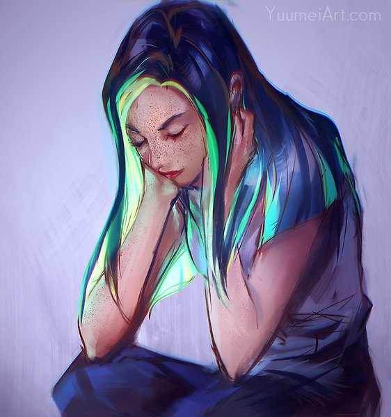 Anime picture 1080x1152 with original yuumei single long hair tall image blue hair eyes closed multicolored hair green hair lips aqua hair watermark freckles hands on face girl