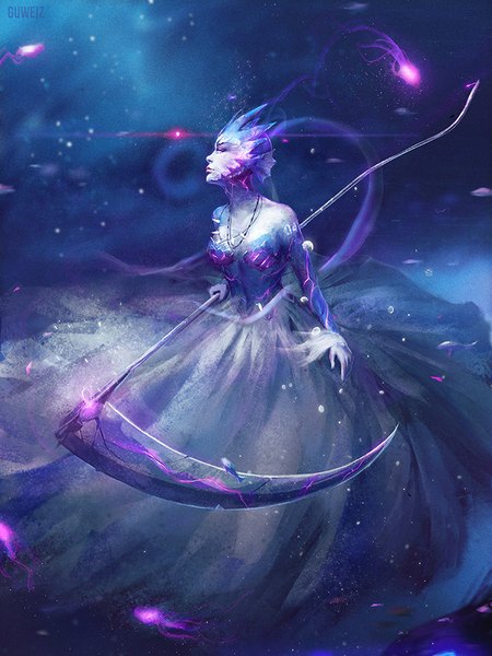 Anime picture 675x900 with guweiz single tall image breasts blue eyes bare shoulders signed looking away lips realistic girl dress weapon animal fish (fishes) scythe squid