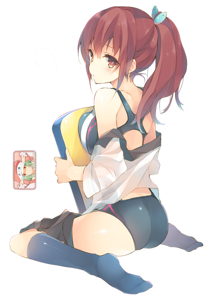 Anime picture 800x1130 with free! kyoto animation matsuoka gou enomoto hina azizkeybackspace single long hair tall image blush breasts light erotic red eyes large breasts sitting bare shoulders looking away full body ass ponytail red hair