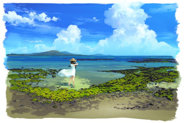 Anime picture 1789x1200 with original bozu (ogiyama) single highres black hair twintails sky cloud (clouds) wind partially submerged mountain landscape girl dress hat water sea sundress straw hat
