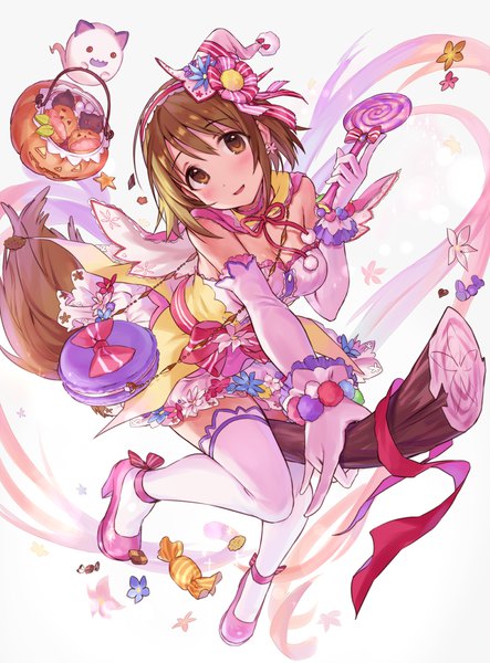 Anime picture 1000x1352 with idolmaster idolmaster cinderella girls mimura kanako tamaext single tall image looking at viewer blush short hair brown hair holding brown eyes cleavage full body halloween flying broom riding white witch girl thighhighs