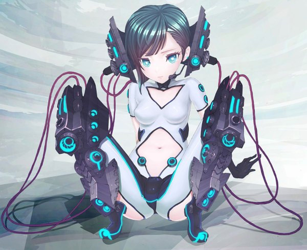 Anime picture 1257x1024 with original consent (oituku) single looking at viewer short hair breasts blue eyes light erotic black hair sitting grey background spread legs girl gloves earrings bodysuit microphone wire (wires)