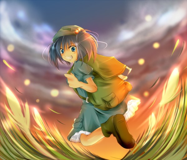 Anime picture 1050x900 with touhou kawashiro nitori rikkunia single looking at viewer short hair blue eyes smile sky outdoors looking back grey hair two side up grin running girl hat backpack flat cap hair bobbles