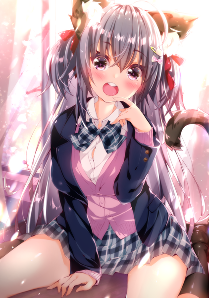 Anime picture 1054x1500 with original moe2019 oziko (ojitcha) ojitcha single long hair tall image looking at viewer blush fringe open mouth smile hair between eyes sitting purple eyes animal ears ahoge indoors tail head tilt