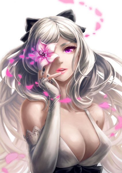 Anime picture 945x1337 with drakengard 3 drakengard zero (drag-on dragoon) detase single long hair tall image looking at viewer light erotic bare shoulders white hair parted lips pink eyes covering eye (eyes) flower over eye girl dress gloves flower (flowers) bow