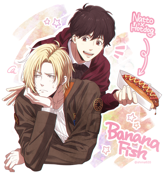 Anime picture 850x900 with banana fish mappa ash lynx okumura eiji mashima shima tall image short hair open mouth black hair blonde hair signed looking away :d open jacket multiple boys copyright name twitter username sweatdrop chin rest boy
