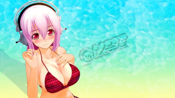 Anime picture 1920x1080 with nitroplus super sonico raaf-area88 single long hair fringe highres breasts light erotic hair between eyes red eyes wide image large breasts pink hair upper body from above girl swimsuit bikini headphones