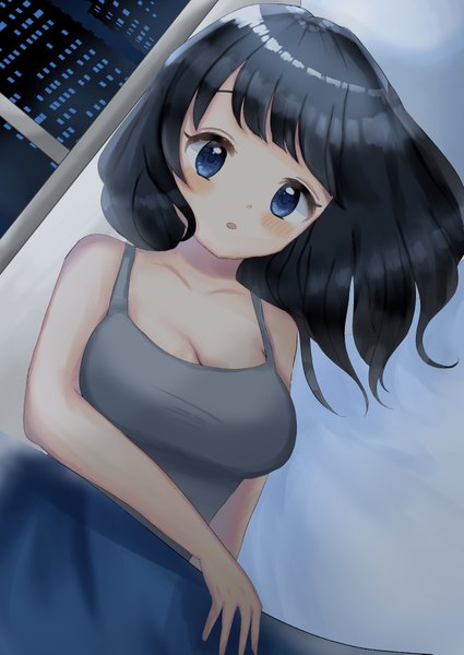 Anime picture 2508x3541 with original pauanno single long hair tall image looking at viewer blush fringe highres breasts open mouth blue eyes black hair large breasts bare shoulders sky cleavage lying blunt bangs night