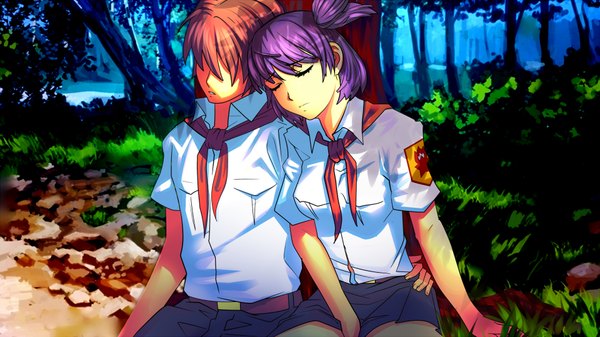 Anime picture 1920x1080 with everlasting summer iichan eroge semyon (everlasting summer) lena (everlasting summer) smolev highres short hair brown hair wide image sitting twintails game cg purple hair eyes closed shadow short sleeves couple hand on hip short twintails sleeping