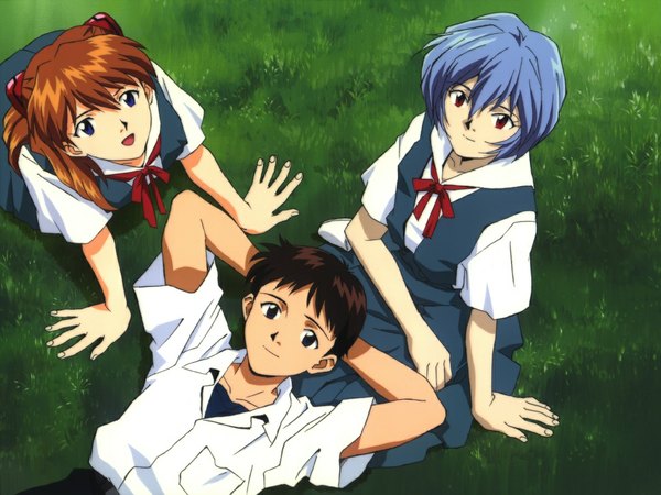 Anime picture 1024x768 with neon genesis evangelion gainax soryu asuka langley ayanami rei ikari shinji