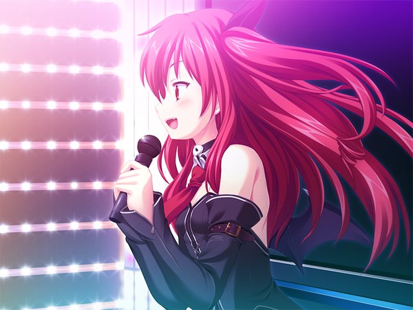 Anime picture 1024x768 with oresama no ragnarock long hair open mouth red eyes game cg red hair girl wings microphone