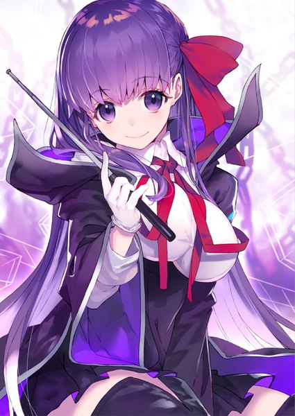 Anime picture 896x1266 with fate (series) fate/extra fate/extra ccc bb (fate) (all) bb (fate/extra) shirabi single long hair tall image looking at viewer fringe breasts smile large breasts sitting purple eyes purple hair girl gloves ribbon (ribbons)