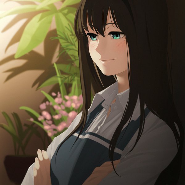 Anime picture 1481x1481 with idolmaster idolmaster cinderella girls shibuya rin revolmxd single long hair blush fringe smile brown hair looking away aqua eyes shadow close-up crossed arms open collar girl flower (flowers) plant (plants) leaf (leaves)