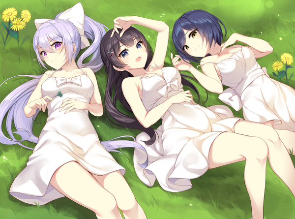 Anime picture 2000x1485 with virtual youtuber nijisanji tsukino mito higuchi kaede shizuka rin ikomochi long hair looking at viewer blush fringe highres short hair breasts open mouth blue eyes black hair smile hair between eyes purple eyes bare shoulders