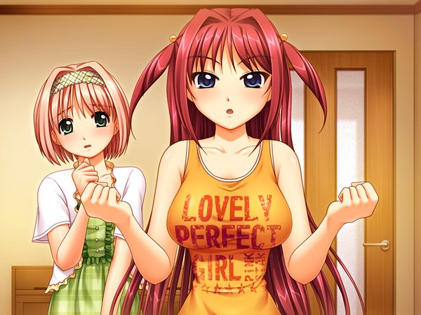 Anime picture 1200x900 with fukubiki! triangle shinonome miharu shinonome futaba long hair short hair blue eyes multiple girls green eyes pink hair game cg red hair girl 2 girls