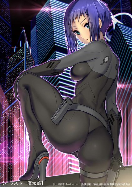 Anime picture 724x1024 with ghost in the shell ghost in the shell arise production i.g kusanagi motoko matarou (genkai toppa) single tall image short hair light erotic green eyes blue hair ass looking back from behind night cameltoe leg lift (legs lift) leg up jpeg artifacts skin tight