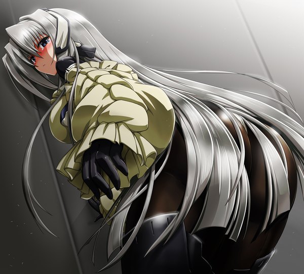 Anime picture 1111x1000 with kyoukai senjou no horizon horizon ariadust shirosame (artist) single long hair looking at viewer blush fringe breasts blue eyes light erotic hair between eyes standing silver hair ass looking back from behind leaning leaning forward tears