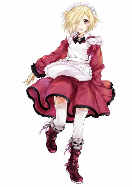 Anime picture 810x1145 with idolmaster idolmaster cinderella girls shirasaka koume kiriyama single tall image looking at viewer blush fringe short hair open mouth blonde hair simple background red eyes white background hair over one eye maid walking girl thighhighs