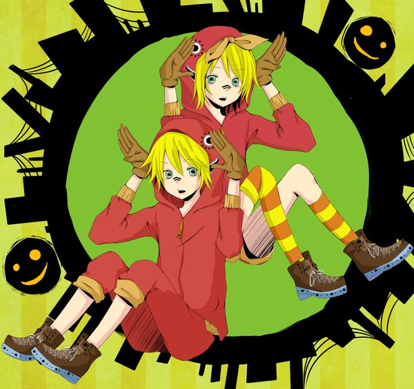 Anime picture 1500x1410 with vocaloid matryoshka (vocaloid) kagamine rin kagamine len tagme (artist) short hair open mouth blue eyes blonde hair couple striped casual girl thighhighs boy gloves bow shoes shorts hood