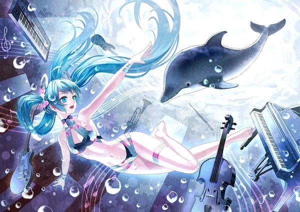 Anime picture 1414x1000 with vocaloid hatsune miku k+ long hair twintails very long hair underwater girl swimsuit animal bubble (bubbles) musical instrument guitar musical note piano violin dolphin