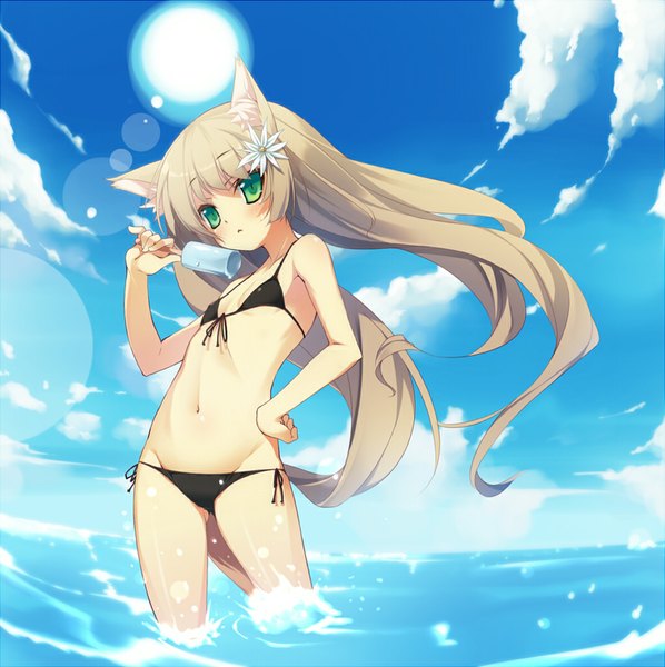 Anime picture 1019x1024 with original nekomu long hair tall image blush light erotic brown hair green eyes animal ears sky cloud (clouds) girl navel swimsuit bikini food sweets black bikini ice cream