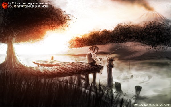 Anime picture 1200x750 with robce lee short hair wide image sitting ponytail eyes closed barefoot sleeveless landscape fishing volcano girl plant (plants) tree (trees) fishing rod