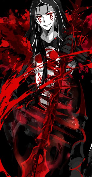 Anime picture 468x900 with fate (series) fate/grand order cu chulainn (fate) cu chulainn alter (fate/grand order) zmore single long hair tall image smile red eyes looking away tattoo facial mark boy earrings hood