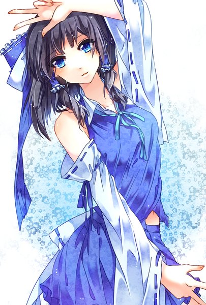 Anime picture 1181x1748 with touhou hakurei reimu esdy single tall image looking at viewer blush short hair breasts blue eyes standing traditional clothes wide sleeves miko alternate color girl skirt navel bow ribbon (ribbons)