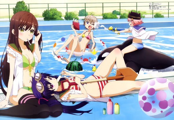 Anime picture 5943x4099 with gakkou gurashi! megami magazine ebisuzawa kurumi wakasa yuuri takeya yuki naoki miki iino makoto long hair blush highres short hair light erotic brown hair purple eyes multiple girls yellow eyes pink hair absurdres purple hair lying