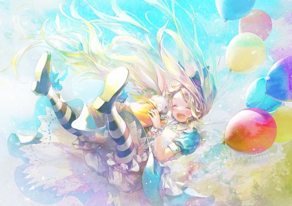 Anime picture 1701x1200 with alice in wonderland alice (wonderland) white rabbit 888myrrh888 single long hair blush highres open mouth blonde hair holding eyes closed wind short sleeves flying ^ ^ ^o^ midair girl thighhighs