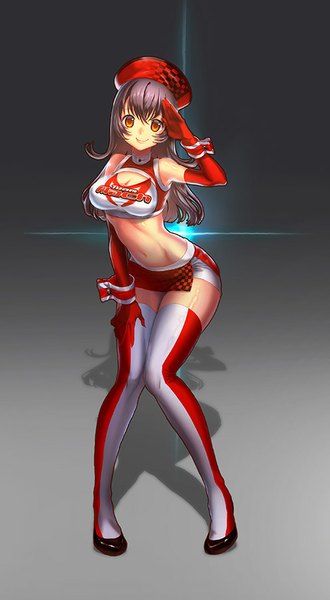 Anime picture 496x900 with original si (pixiv) single long hair tall image fringe breasts light erotic smile red eyes brown hair large breasts standing bare shoulders bent knee (knees) bare belly shadow leaning leaning forward hand on hip
