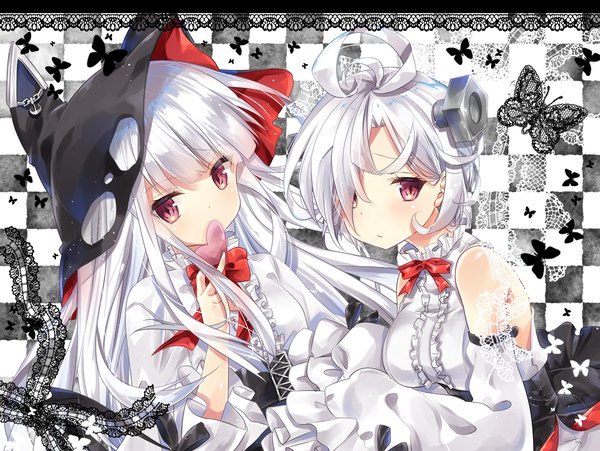 Anime picture 1200x903 with azur lane terror (azur lane) erebus (azur lane) kurun (kurun777) long hair fringe short hair red eyes bare shoulders multiple girls silver hair ahoge hair over one eye checkered checkered background girl 2 girls hat detached sleeves frills