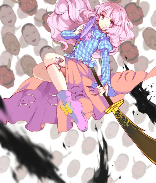 Anime picture 1000x1171 with touhou hata no kokoro hillly (maiwetea) single long hair tall image looking away pink hair pink eyes girl weapon sword katana mask fan