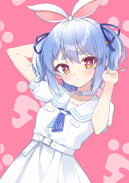 Anime picture 4961x7016 with virtual youtuber hololive usada pekora usada pekora (casual) quarterlift single tall image looking at viewer fringe highres short hair hair between eyes red eyes animal ears blue hair absurdres upper body two side up bunny ears official alternate costume