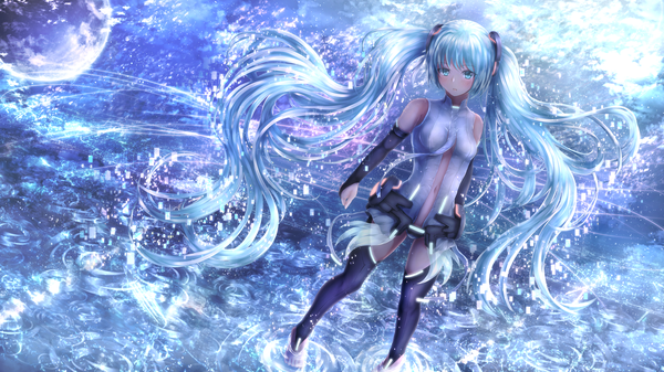 Anime picture 3200x1800 with vocaloid vocaloid append hatsune miku hatsune miku (append) absent single looking at viewer blush highres wide image standing bare shoulders full body outdoors very long hair aqua eyes wind aqua hair partially submerged center opening
