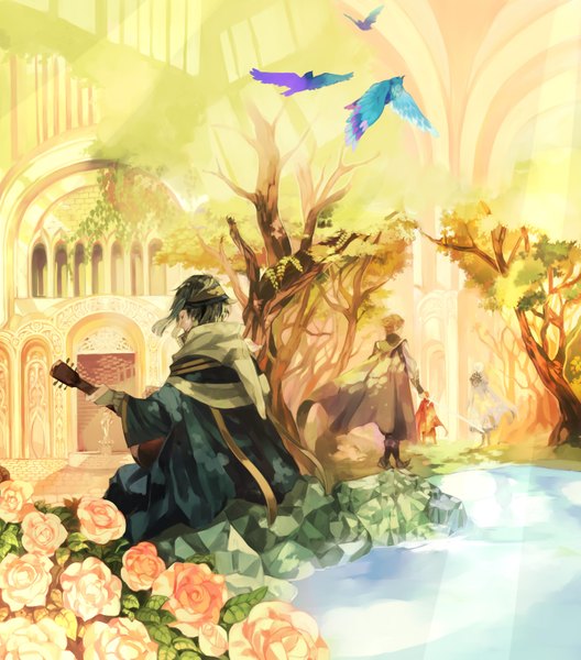 Anime picture 1500x1704 with kashiwa tall image sitting from behind group flower (flowers) plant (plants) hat animal sword tree (trees) water scarf bird (birds) building (buildings) cloak musical instrument pond