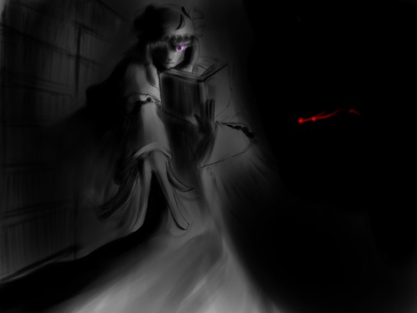 Anime picture 1600x1200 with touhou patchouli knowledge red eyes purple eyes gloom girl hat book (books)
