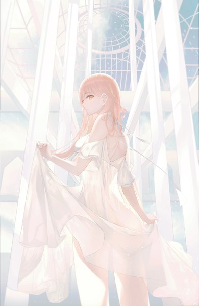 Anime picture 4553x7000 with original neiless neiro single long hair tall image looking at viewer fringe highres blonde hair hair between eyes standing bare shoulders yellow eyes absurdres braid (braids) profile looking back from behind from below back