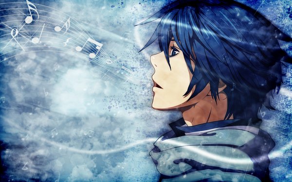 Anime picture 1280x800 with vocaloid kaito (vocaloid) umi-no-mizu single short hair open mouth blue eyes wide image blue hair looking away profile blue background boy musical note