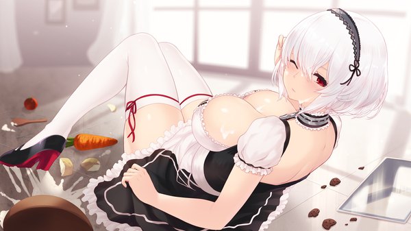 Anime picture 1920x1080 with azur lane sirius (azur lane) cait single looking at viewer blush fringe highres short hair breasts light erotic hair between eyes red eyes wide image large breasts payot cleavage full body bent knee (knees) white hair